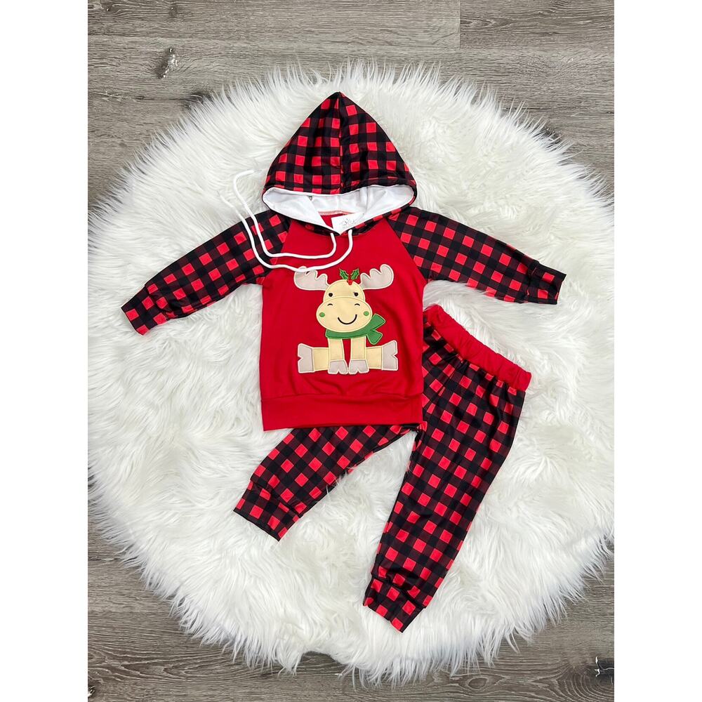 Plaid Reindeer Hooded Boutique Set‎ Size 7/8